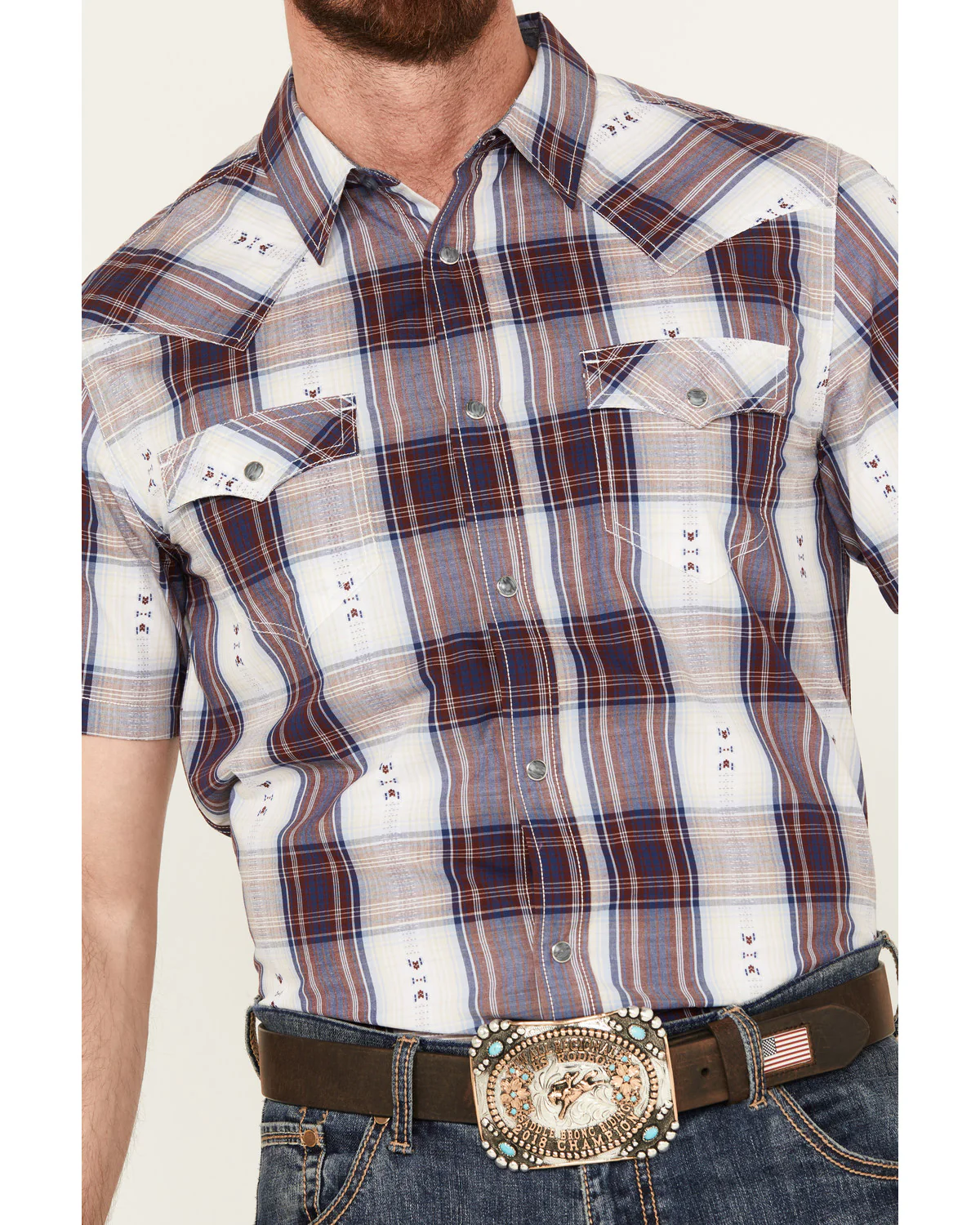Cody James Men's Dog Southwestern Dobby Plaid Print Short Sleeve Western Snap Shirt - Image 3