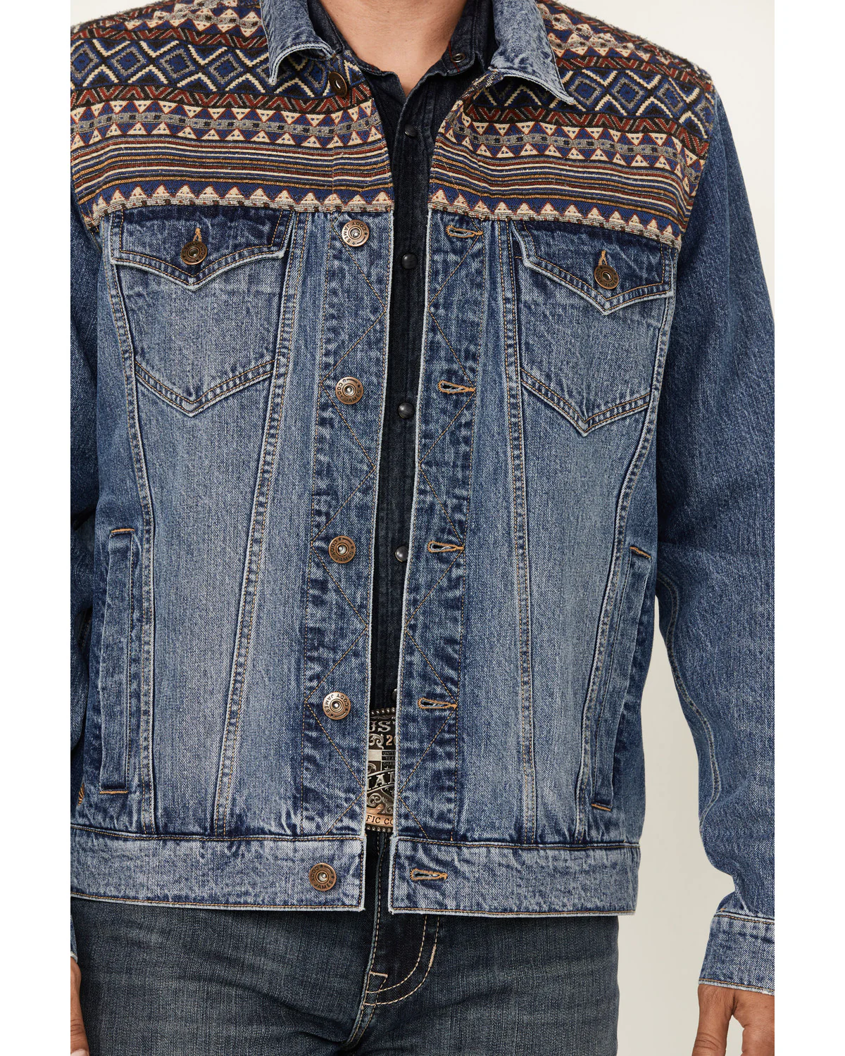 Cody James Men's Gaucho Southwestern Print Yoke Stretch Denim Jacket - Image 3