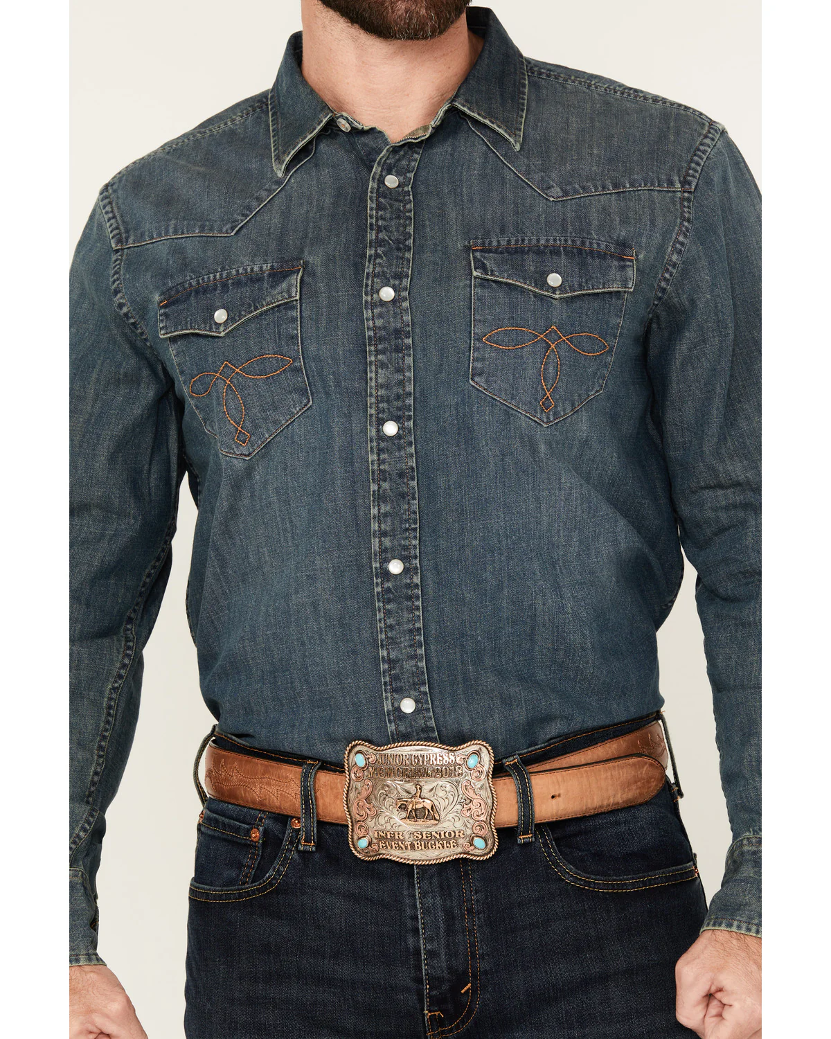 Cody James Men's Medium Wash Denim Long Sleeve Pearl Snap Western Shirt - Image 3